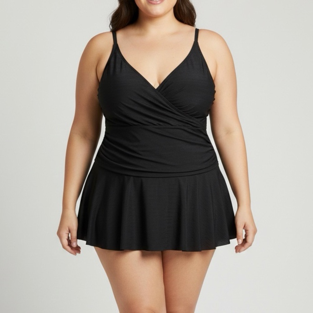 WHITE STAG Solid Black Built in Bra One Piece SwimDress Skirted SwimSuit 3X